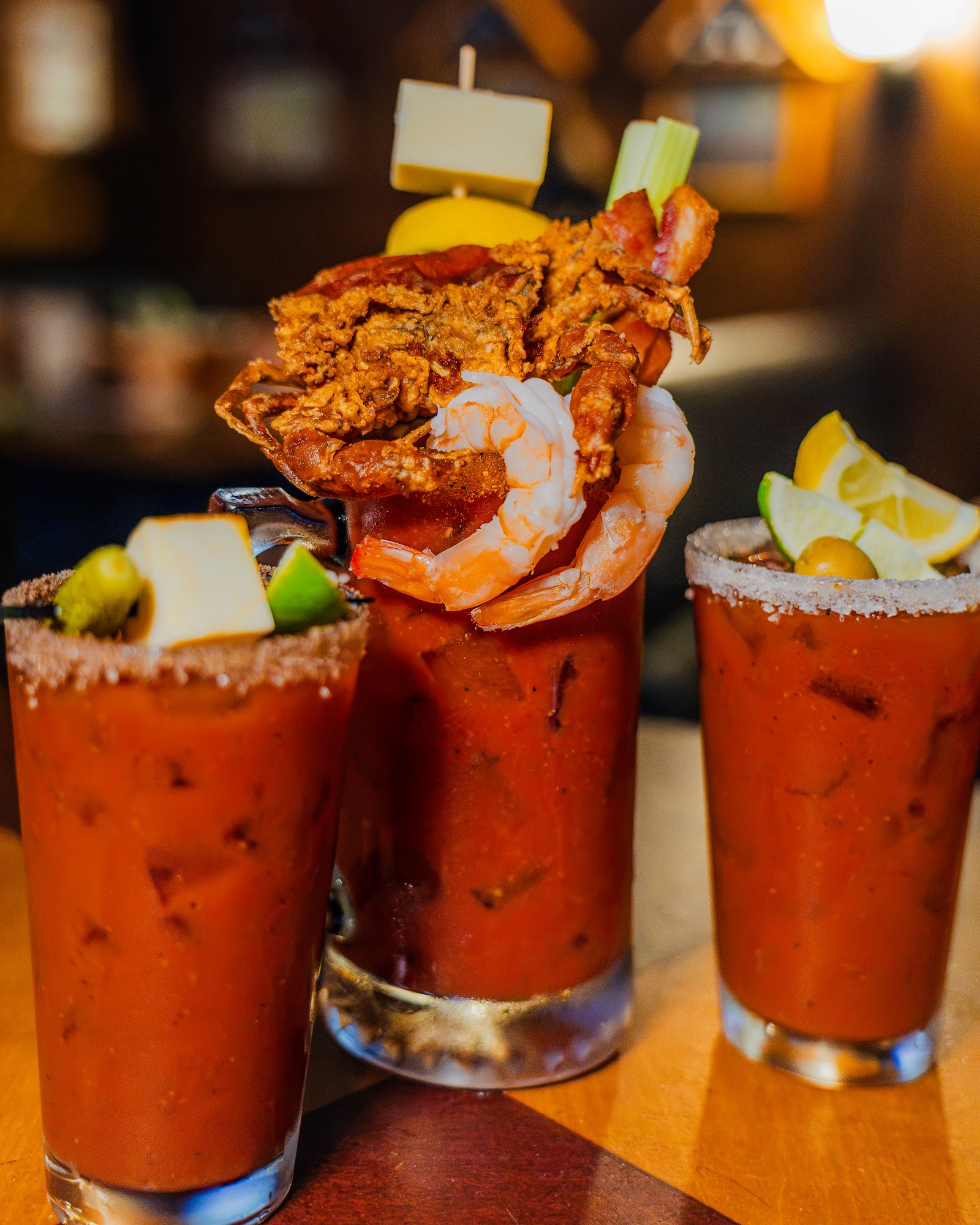 The Back East Bloody Mary topped with poached shrimp, bacon and a full garnish skewer